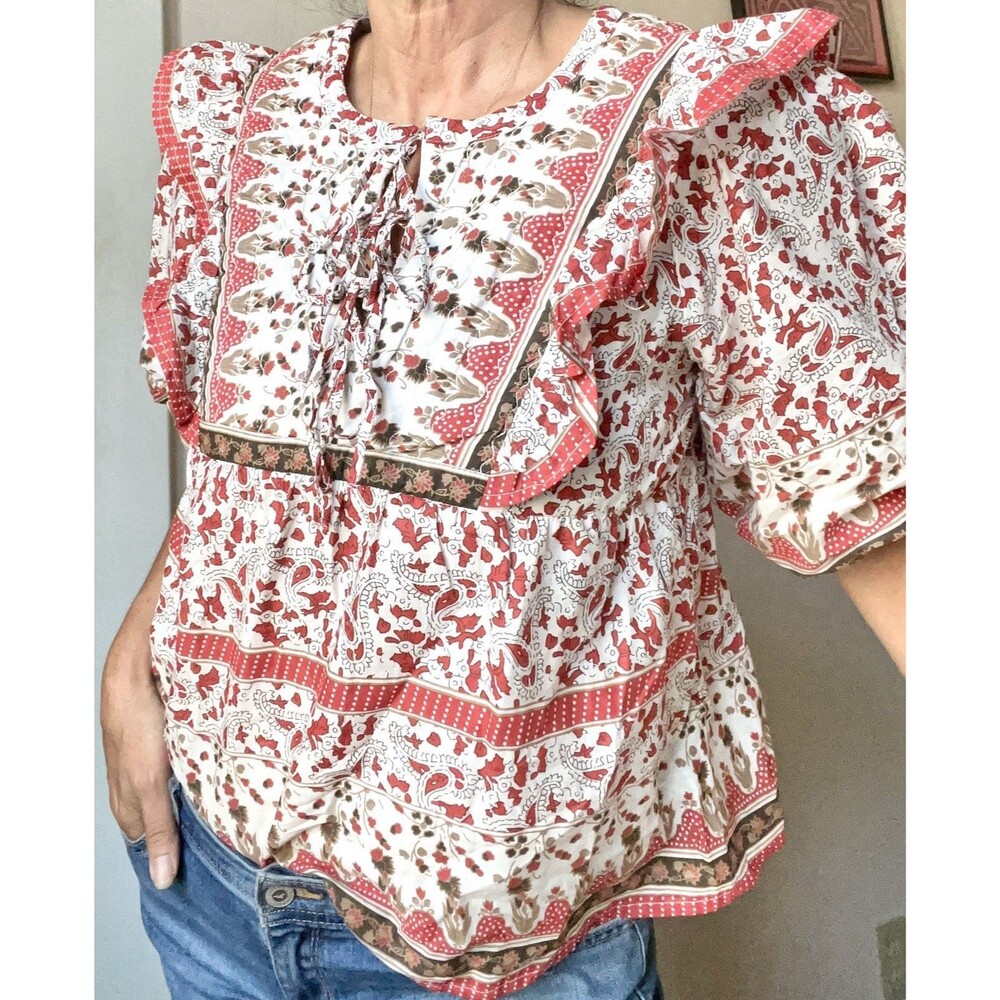 Calypso St Barth M Cotton Boho Ruffle Paisley Floral Peasant Blouse